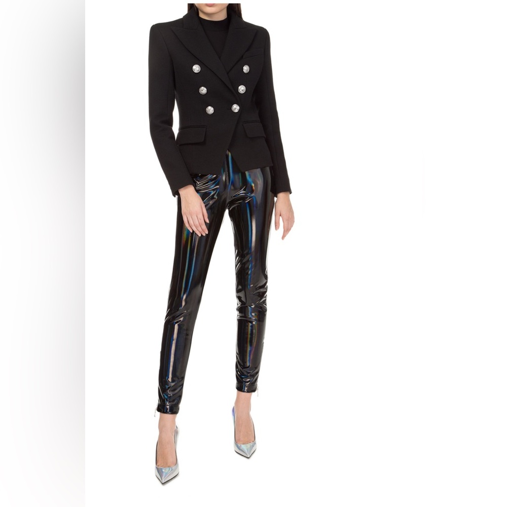Balmain hologram stretch vinyl leggings skinny pants black side zipper